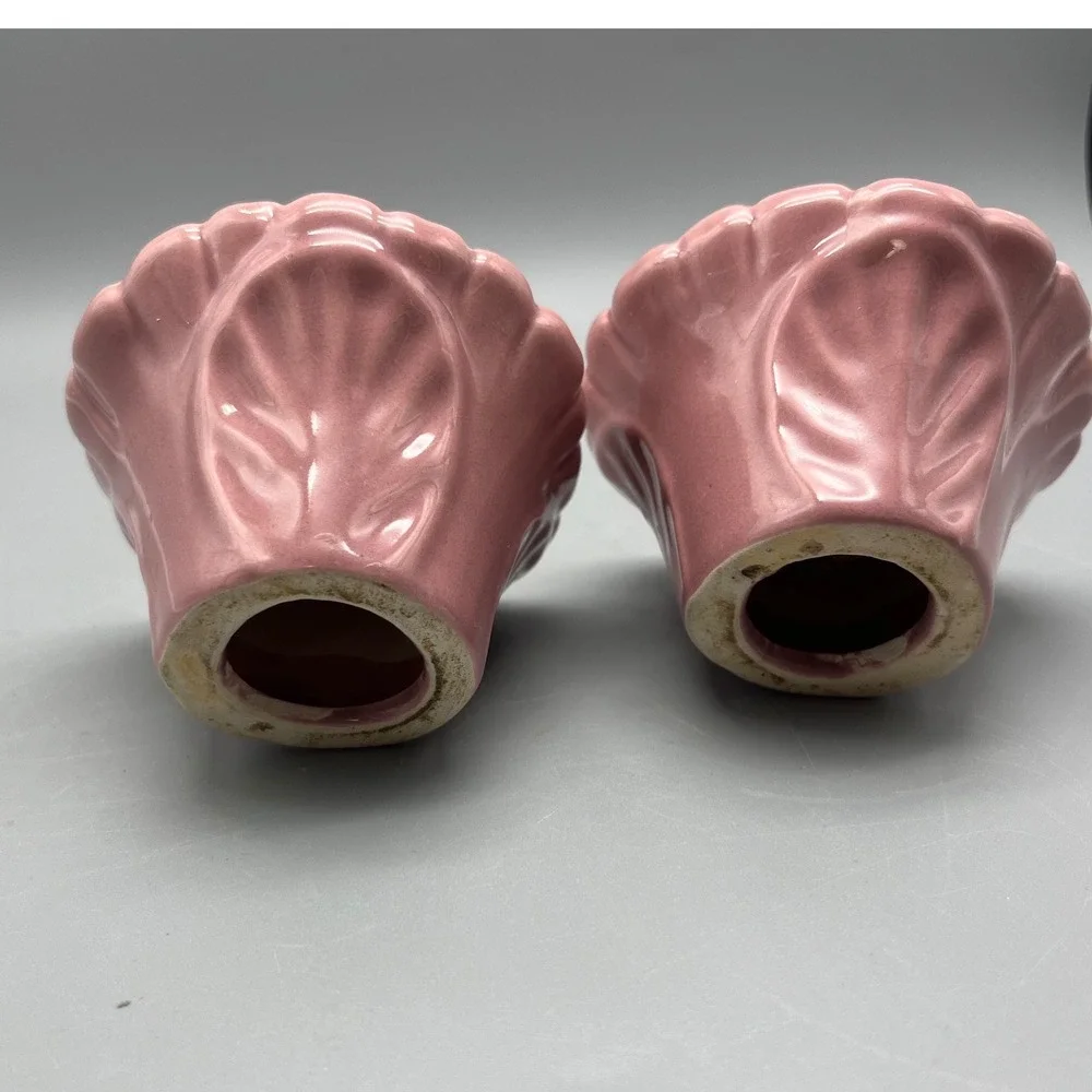 Pair Vintage Mid Century Pink Pottery Flower Candle stick holders‎